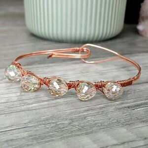 Multifaceted Glass Beaded Copper Bangle Wire Wrapped 7